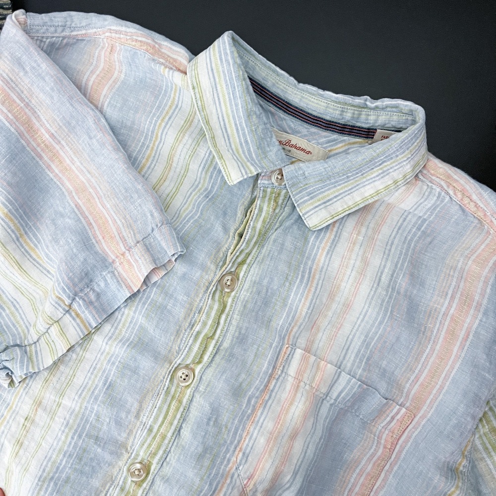 Tommy Bahama Linen Shirt Mens XL Striped Button Up Short Sleeve Coastal Beach